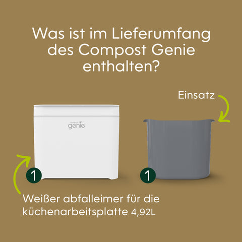 White compost bin and gray liner on a brown background with German text_DE-DE