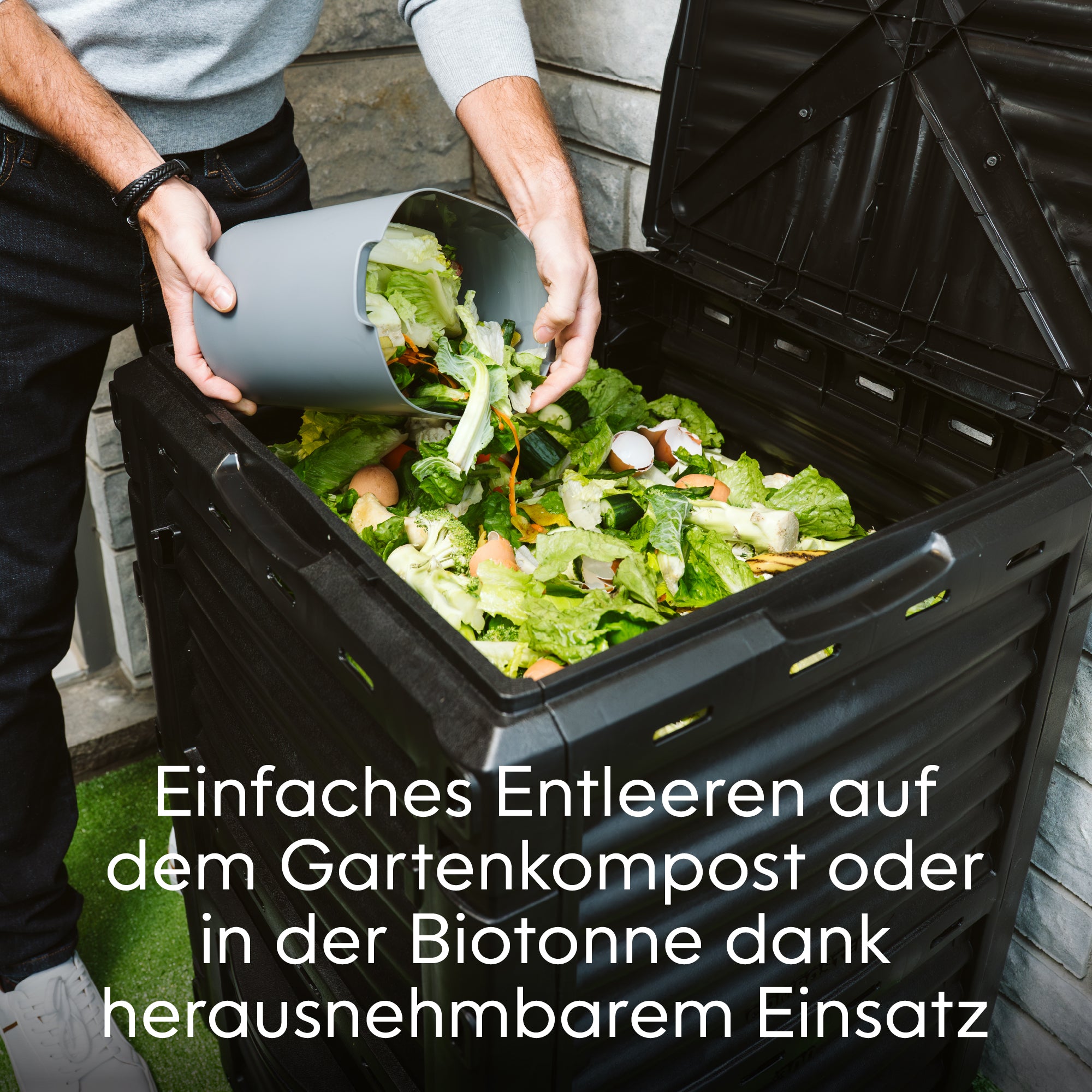 Person pouring food waste into a compost bin with text about composting_DE-DE