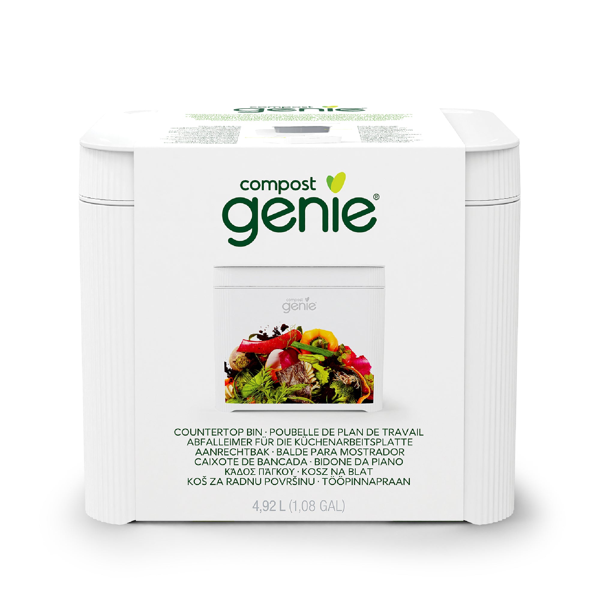 Compost Genie countertop bin packaging on a white background_FR-FR