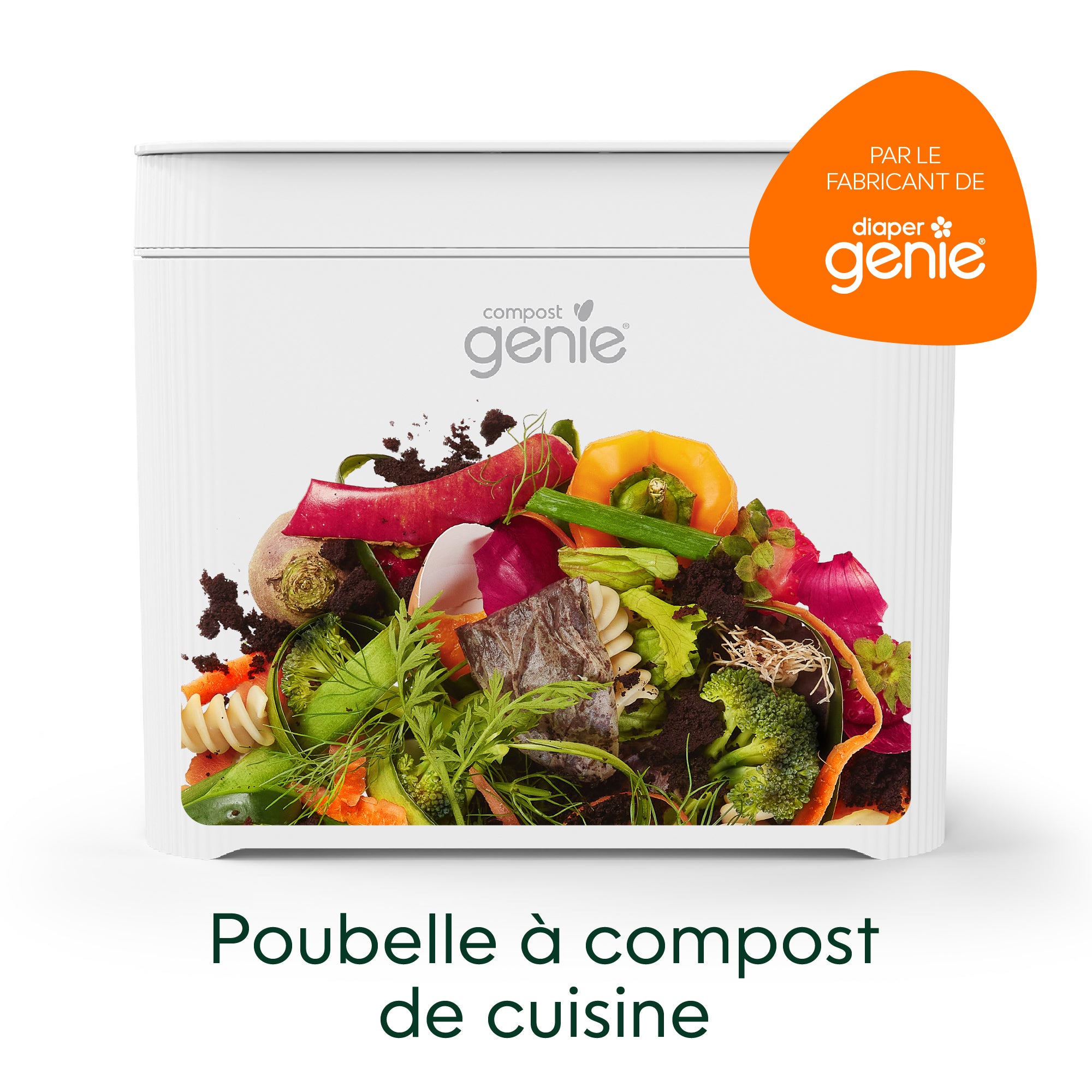 Compostable food waste bin with a colorful label featuring vegetables, branded by 'Genie'_FR-FR
