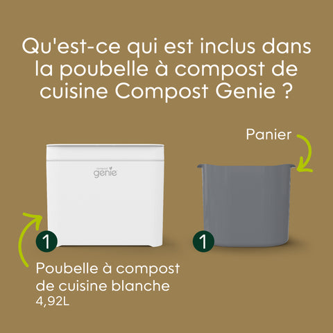 Kitchen compost bin with white container and gray basket on a brown background_FR-FR