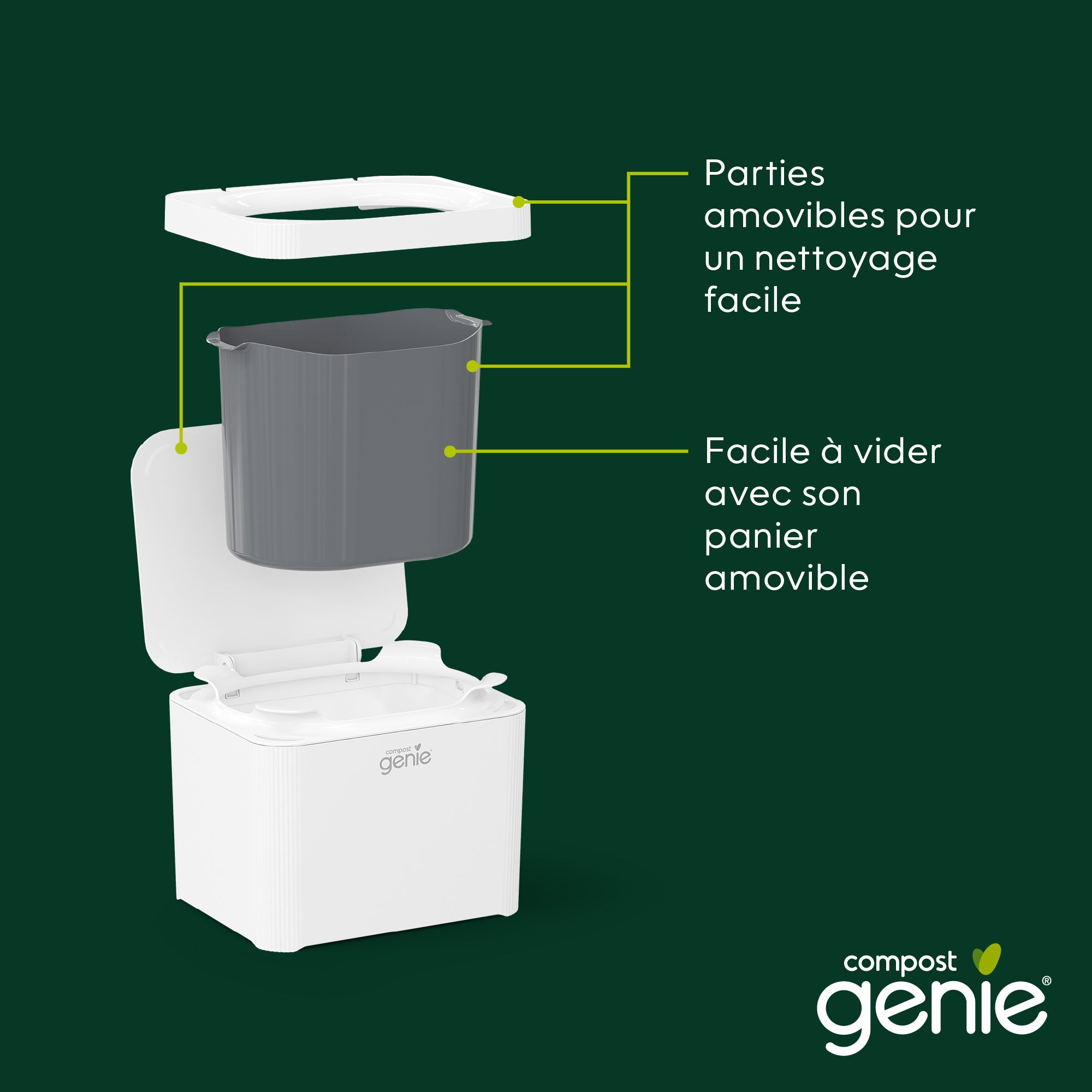 Compost Genie with detachable parts on a green background, featuring text in French_FR-FR