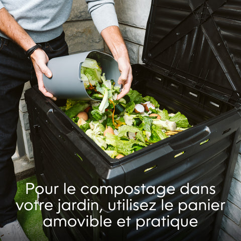 Person adding food waste into a compost bin with text in French_FR-FR